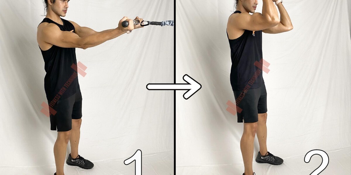 STANDING BICEPS LAT BAR CURL WITH RESISTANCE BANDS (ARMS UP)