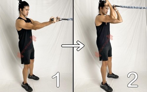 STANDING BICEPS LAT BAR CURL WITH RESISTANCE BANDS (ARMS UP)