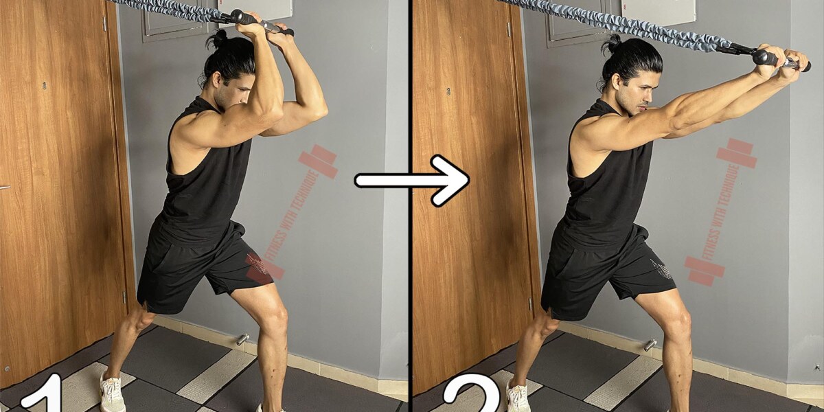 High Pulley Overhead Triceps Extension With Resistance Band Using Bar