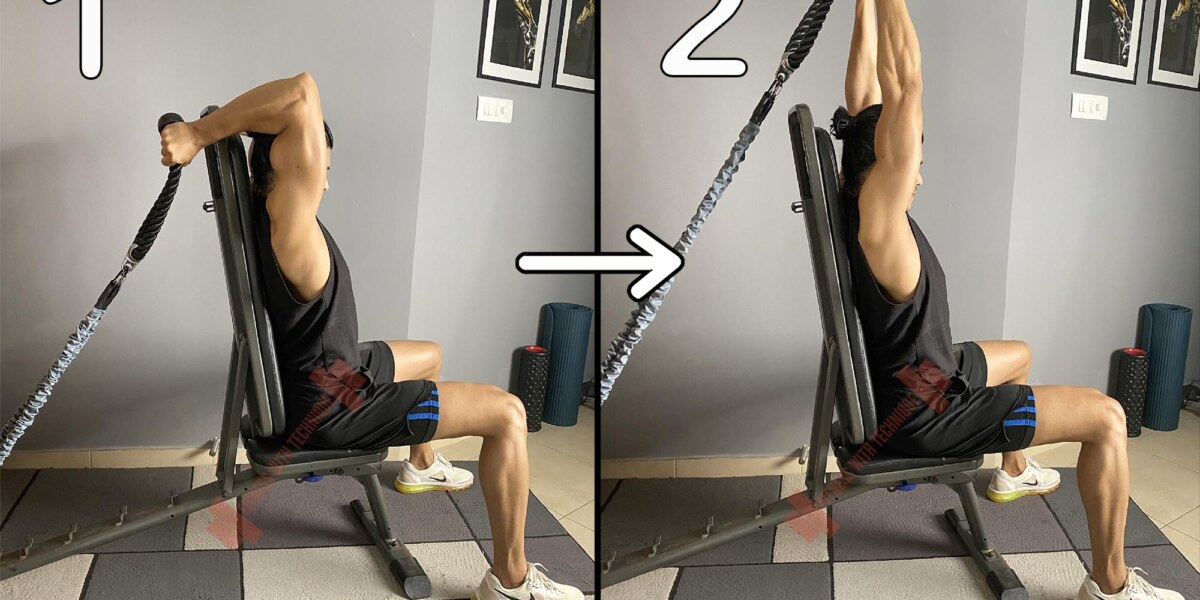 Seated Overhead Triceps Extension With Resistance Band Using Rope Grip