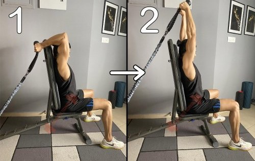 Seated Overhead Triceps Extension With Resistance Band Using Rope Grip