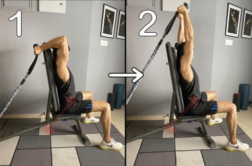 Seated Overhead Triceps Extension With Resistance Band Using Rope Grip